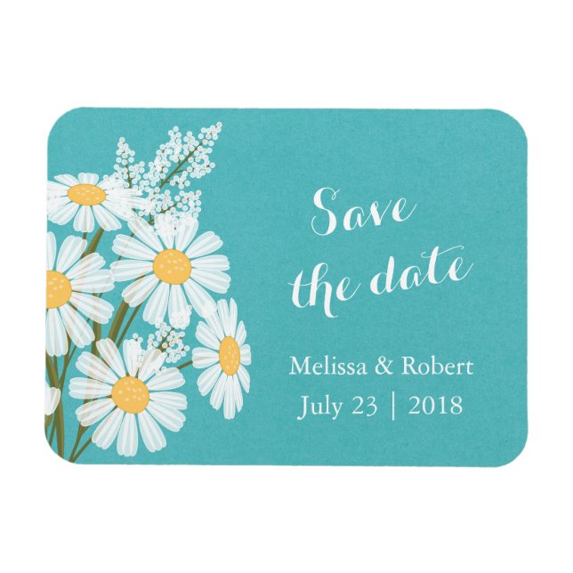 Elegant White Daisies Teal Save the Date Wedding Magnet (Horizontal)