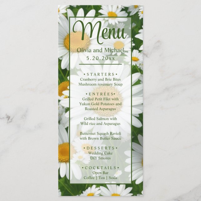 Elegant white daisies white floral fields greenery menu (Front)
