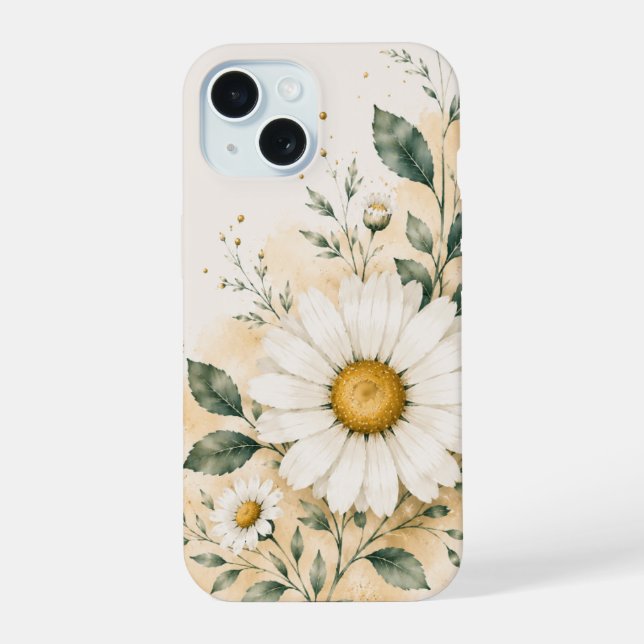 Elegant White Daisy Floral iPhone 15 Case (Back)