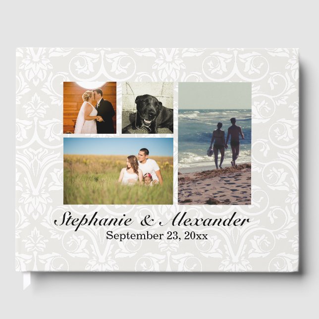 Elegant White Damask 4 Photo Wedding or Event Guest Book (Front)