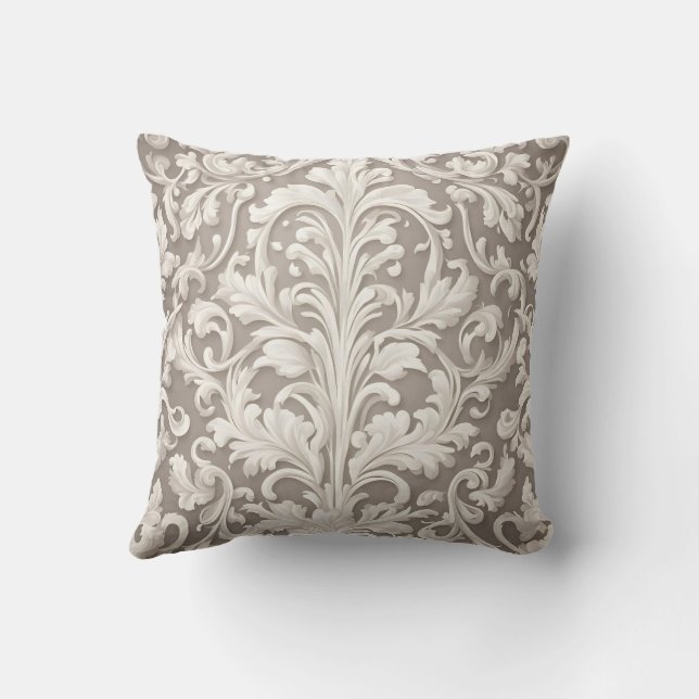 Elegant White Damask Fabric with Swirling Vines Cushion (Back)