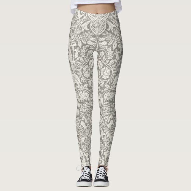 Elegant White Damask Floral Home Decor Leggings (Front)