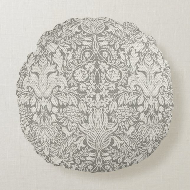 Elegant White Damask Floral Home Decor Round Cushion (Front)