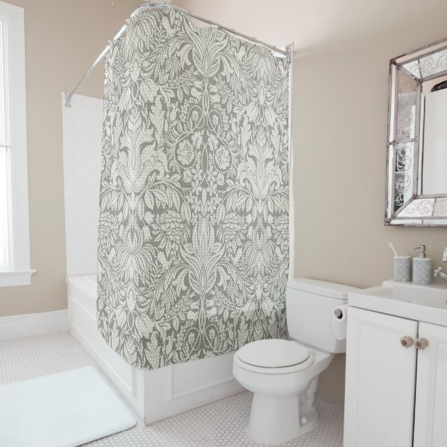 Elegant White Damask Floral Home Decor Shower Curtain (In Situ)