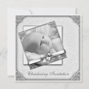 Elegant White Damask Photo Christening Invitation
