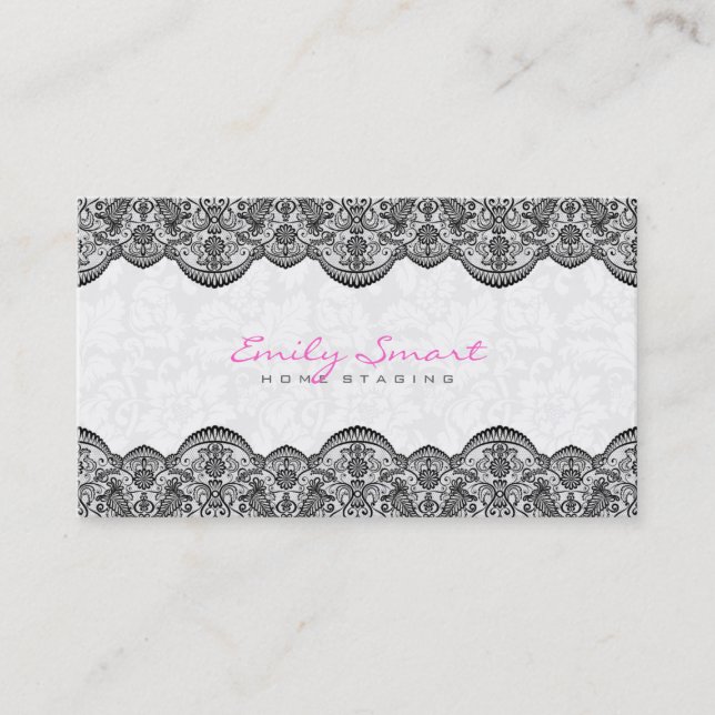Elegant White Damasks Black Lace Business Card (Front)