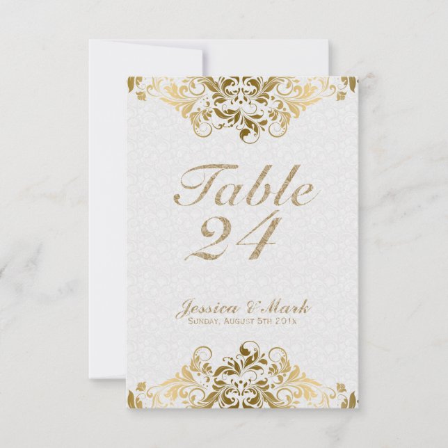Elegant White Damasks & Gold Floral Lace Invitation (Front)