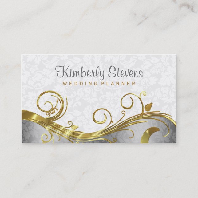 Elegant White Damasks Gold & Silver Swirls Business Card (Front)