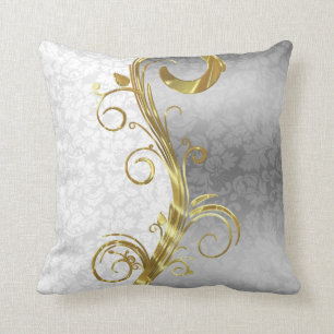 Elegant White Damasks Gold & Silver Swirls Cushion