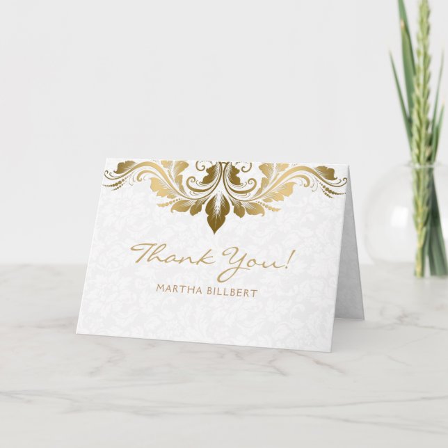 Elegant White Damasks Gold Swirl Thank You Card (Front)