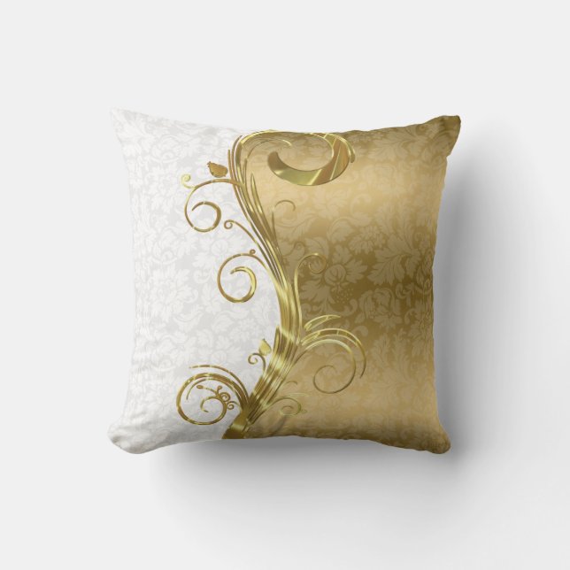Elegant White Damasks Gold Swirls Cushion (Front)