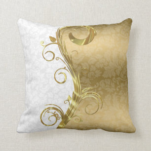 Elegant White Damasks Gold Swirls Cushion