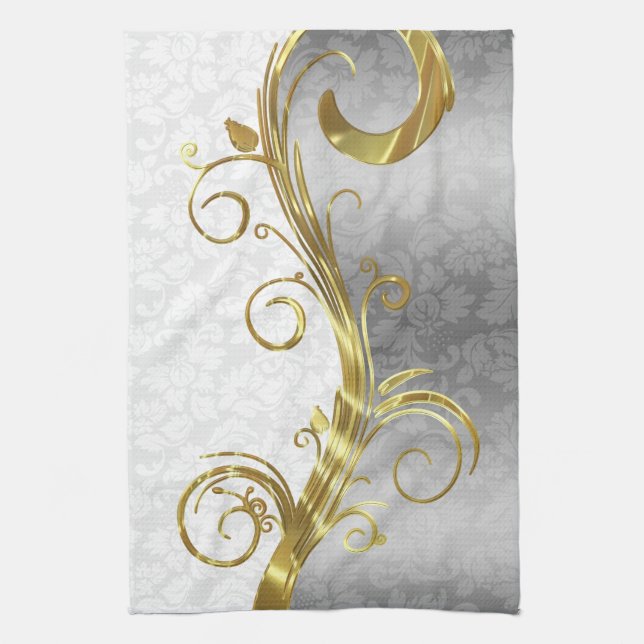 Elegant White Damasks Gold Swirls Tea Towel (Vertical)