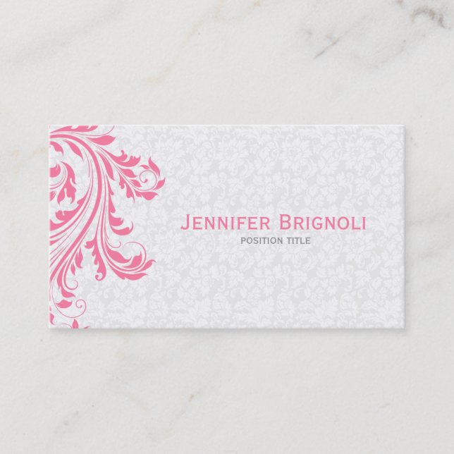 Elegant White Damasks Pink Floral Swirl Business Card (Front)