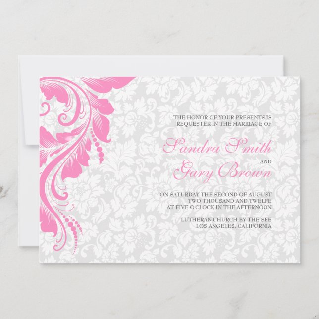 Elegant White Damasks Pink Lace Wedding  Invitation (Front)
