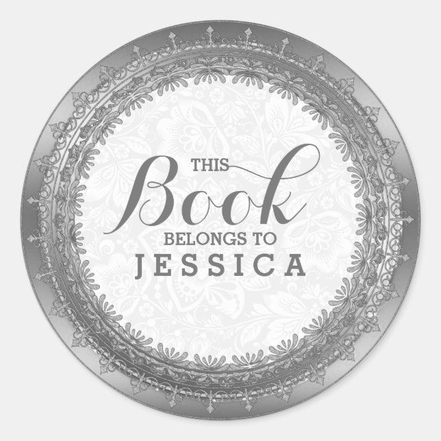 Elegant White Damasks & Silver Lace Frame Classic Round Sticker (Front)