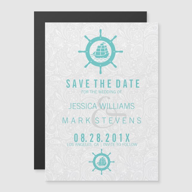 Elegant White Damasks & Teal Nautical Boat Wheel Magnetic Invitation (Front/Back)