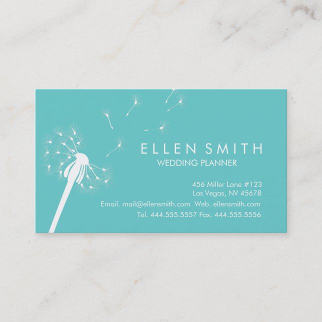 Elegant White Dandelion on Teal Business Card (Front)