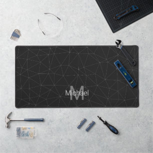 Elegant White Dark grey geometric mesh Monogram Desk Mat
