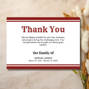 Elegant White & Deep Burgundy Lines Memorial Thank You Card