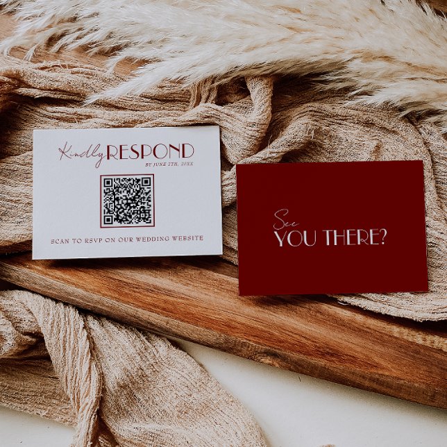 Elegant White Deep Red Burgundy QR Code Wedding RSVP Card (Creator Uploaded)