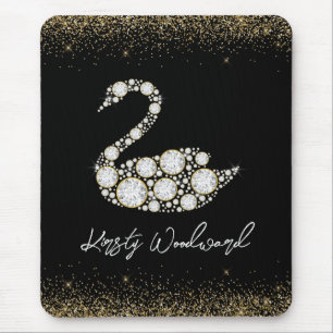 Elegant White Diamond Swan on Black Background Mouse Mat