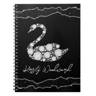 Elegant White Diamond Swan on Black Background Notebook