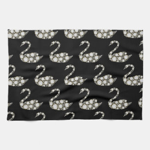 Elegant White Diamond Swan on Black Background Tea Towel