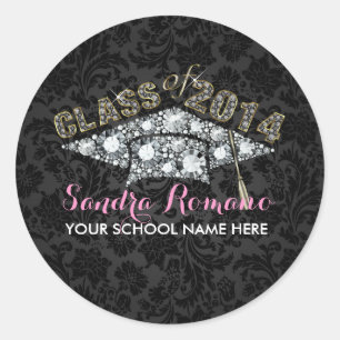 Elegant White Diamonds Mortarboard On Black Damask Classic Round Sticker