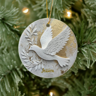 Elegant White Dove with Gold Customisable Name  Ceramic Tree Decoration