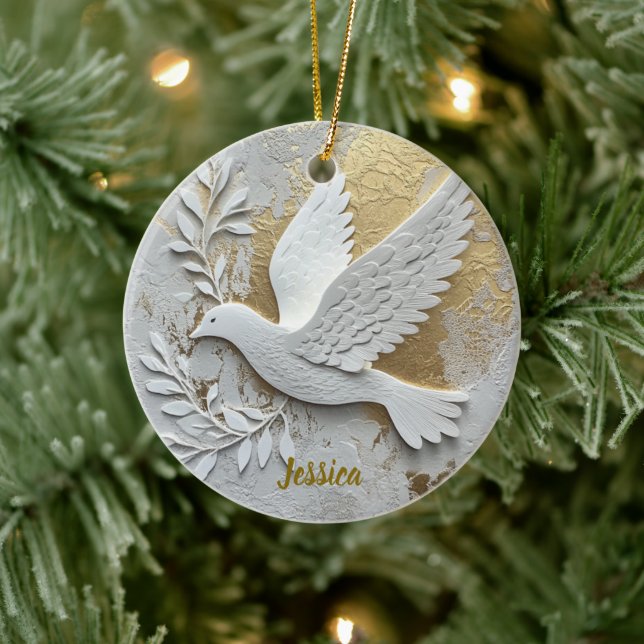 Elegant White Dove with Gold Customisable Name  Ceramic Tree Decoration (Tree)