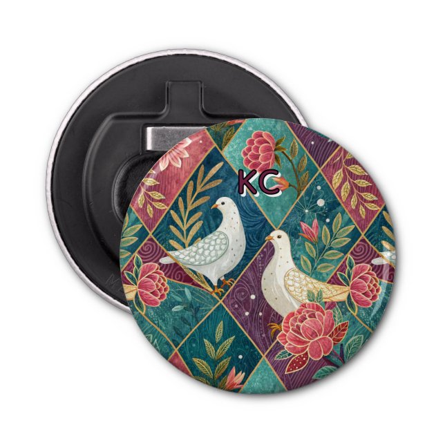 Elegant White Doves Pink Floral & Gold Geometric Bottle Opener (Front)