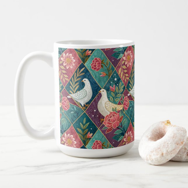 Elegant White Doves Pink Floral & Gold Geometric Coffee Mug (With Donut)