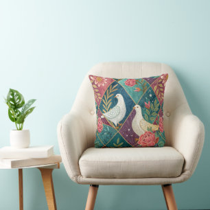 Elegant White Doves Pink Floral & Gold Geometric Cushion