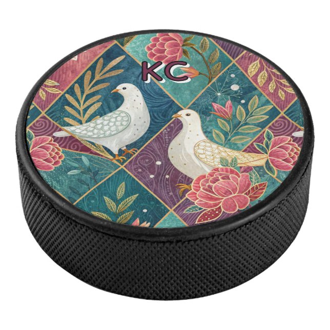 Elegant White Doves Pink Floral & Gold Geometric Hockey Puck (3/4)