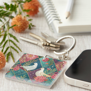 Elegant White Doves Pink Floral & Gold Geometric Key Ring