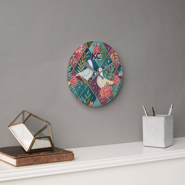 Elegant White Doves Pink Floral & Gold Geometric Round Clock (Office)
