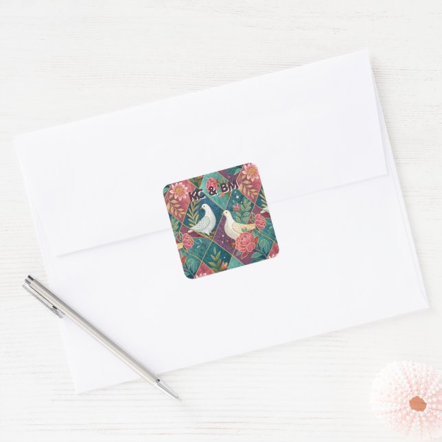 Elegant White Doves Pink Floral & Gold Geometric Square Sticker (Envelope)