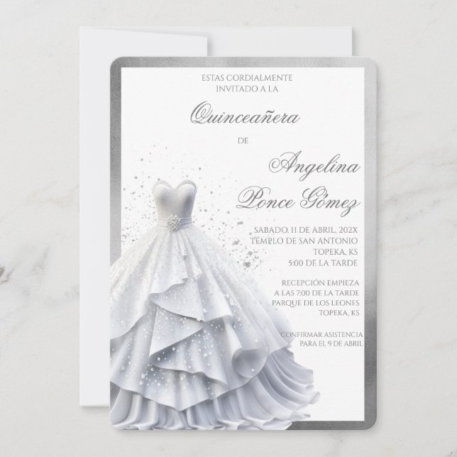 Elegant White dress quinceañera invitation  (Front)