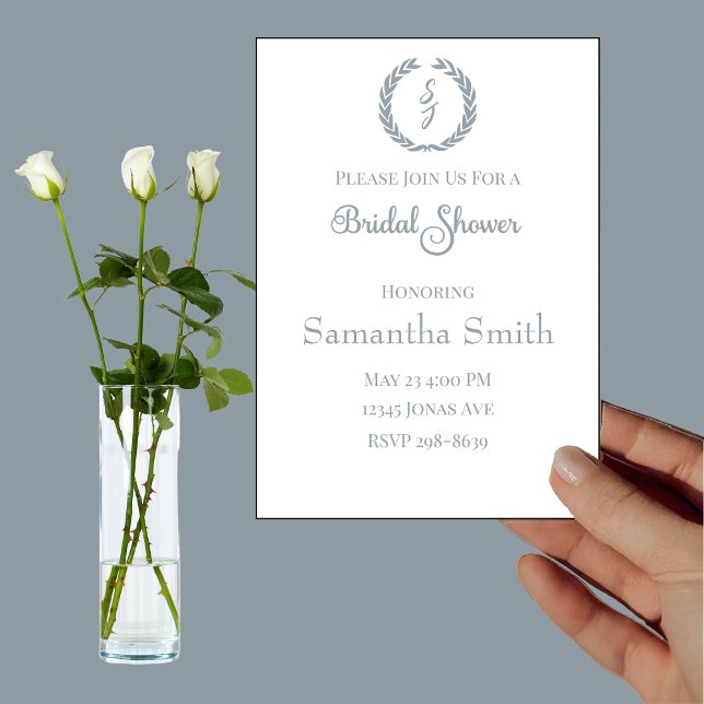 Elegant White Dusty Blue Monogram Bridal Shower Invitation (Creator Uploaded)