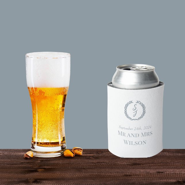 Elegant White Dusty Blue Monogram Wedding  Can Cooler (Creator Uploaded)