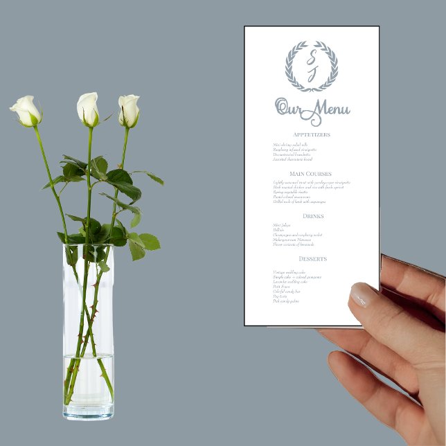 Elegant White Dusty Blue Monogram Wedding Dinner  Menu (Creator Uploaded)