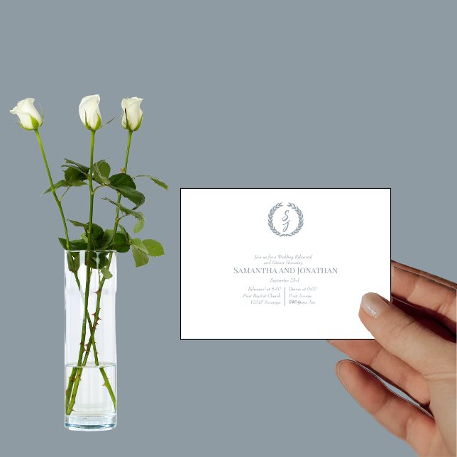 Elegant White Dusty Blue Monogram Wedding Rehearsa Invitation (Creator Uploaded)