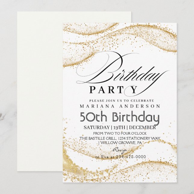 Elegant White Dusty Gold Glitter 50th Birthday Invitation (Front/Back)