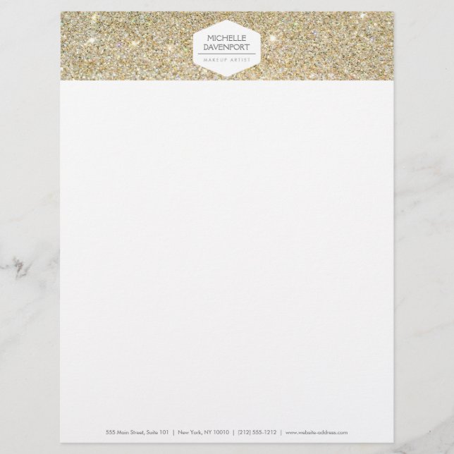 ELEGANT WHITE EMBLEM ON GOLD GLITTER Letterhead Template (Front)