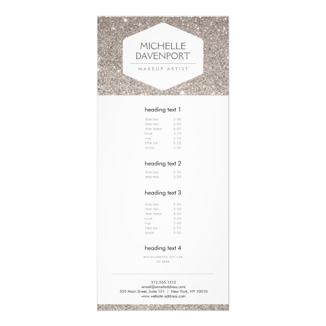 ELEGANT WHITE EMBLEM ON SILVER GLITTER Rack Card (Front)