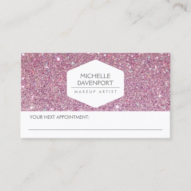 ELEGANT WHITE EMBLEM PINK GLITTER APPOINTMENT CARD (Front)