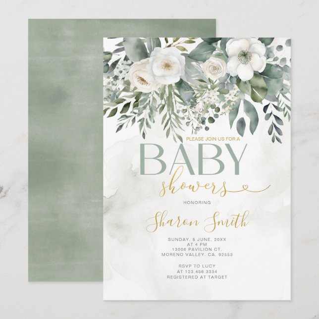 Elegant White Eucalyptus Floral Girl Baby Shower Invitation (Front/Back)