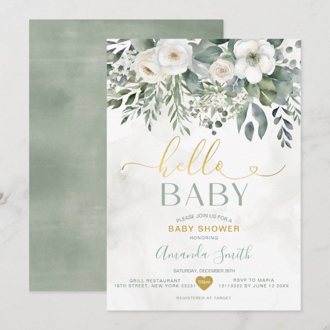 Elegant White Eucalyptus Floral Hello Baby Shower Invitation (Front/Back)