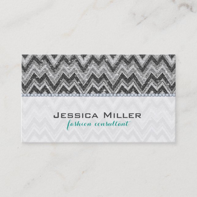 Elegant White Faux Glitter Chevron & Diamonds Business Card (Front)